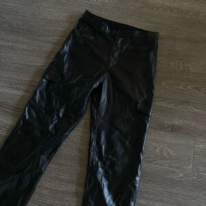 Black Faux Leather Baggy Cargo Pants